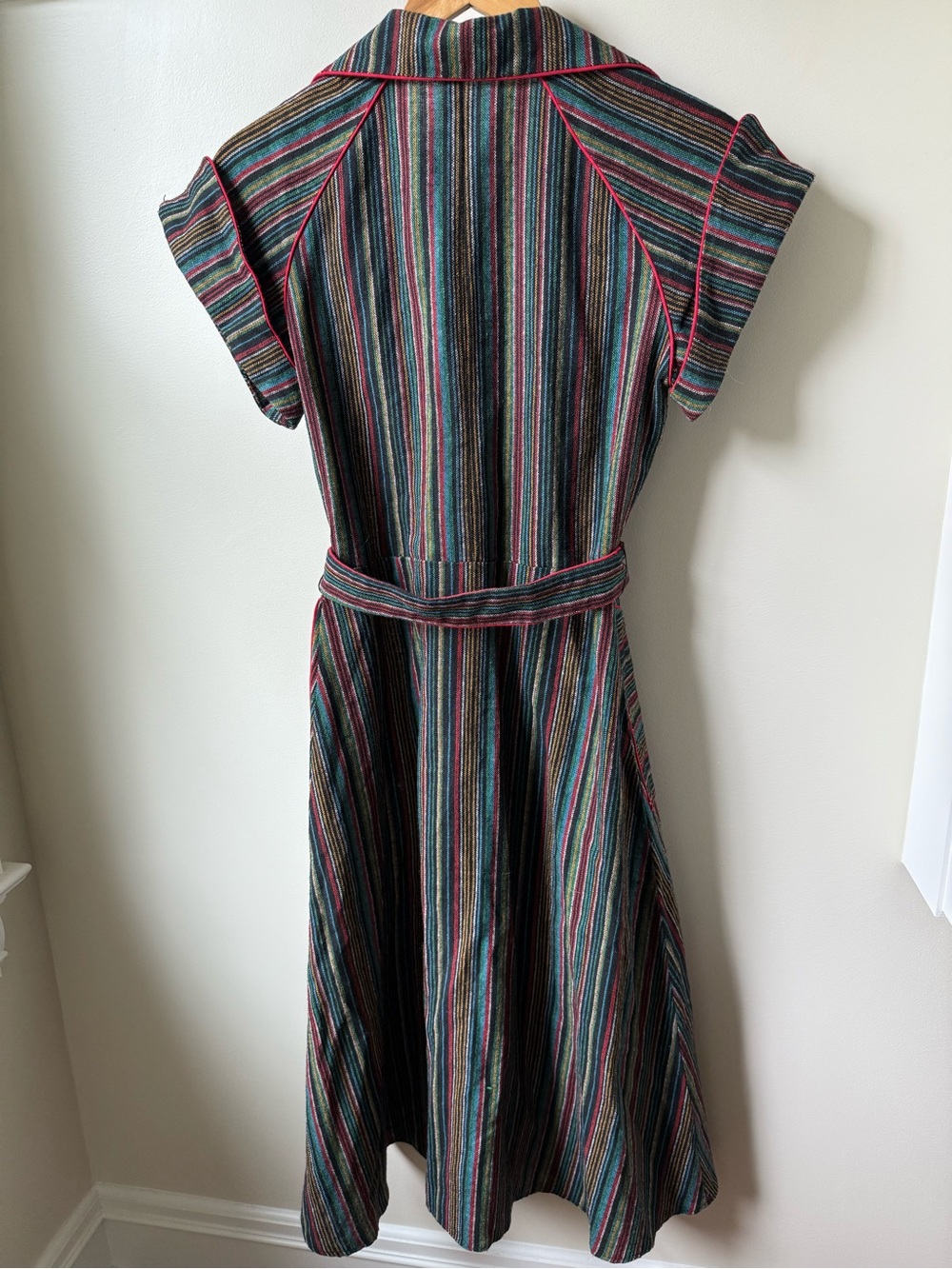 VINTAGE Striped Shirtdress Woven Midi Dress Rockabilly Pin Up Rainbow MCM 40 L - Picture 3 of 8